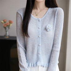 2025夏竹节麻圆领针织开衫女绣花纯色薄款空调衫防晒短外套小披肩，女装蕾丝衫/雪纺衫，绒汀羊绒