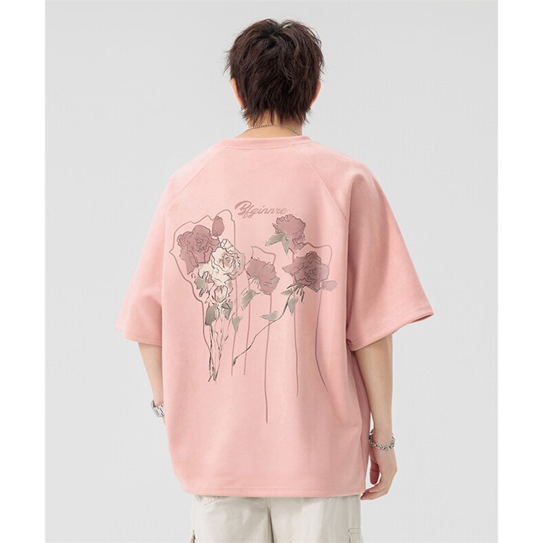 新款美式潮流麂皮绒短袖t恤大码宽松港风情侣半袖上衣H9927-P28,男装T恤,电商B295