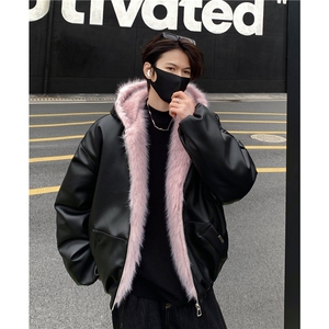 美式粉毛座山雕pu皮外套连帽棉服男冬季夹棉加厚潮棉衣机车服p105图片