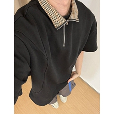 夏季拼接格子半拉链短袖polo衫男美式复古宽松体恤衫LT25066-p38，男装Polo衫，星座1008