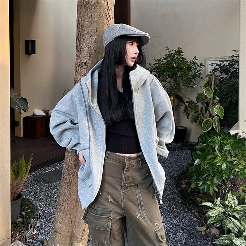 抖音得物高品质秋冬美式高街重磅结构辑明线纹理连帽卫衣外套W111,男装卫衣,电商A486