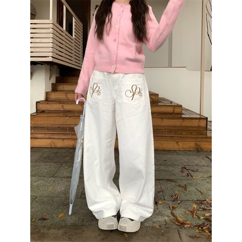 欧美街头潮牌反穿脏脏牛仔裤女高街风刺绣宽松显瘦直筒阔腿拖地裤图片
