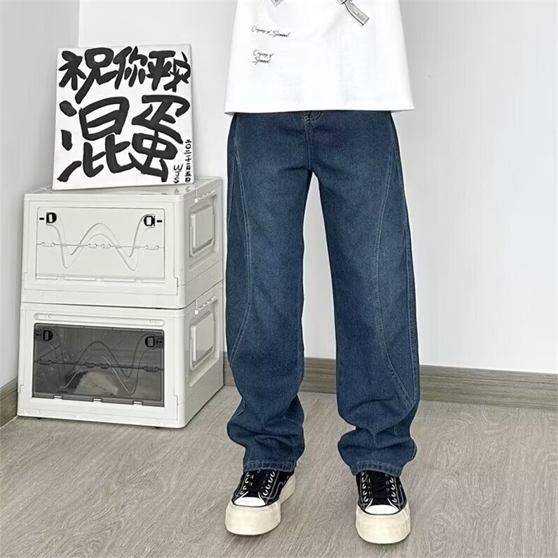日系复古vintage牛仔裤宽松休闲潮牌痞帅百搭拼接直筒阔腿裤图片