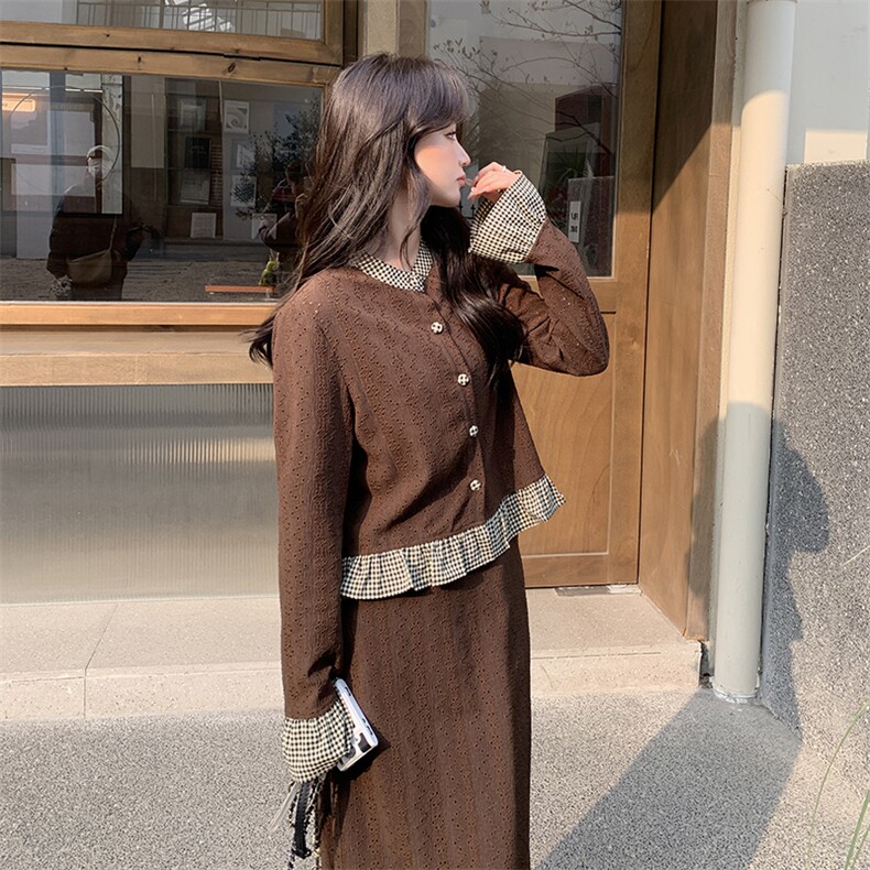 春季新款时尚两件套女装气质显瘦格子拼接长袖外套+高腰阔腿裤套装优雅百搭,女装套装/套裙,秋水欣儿