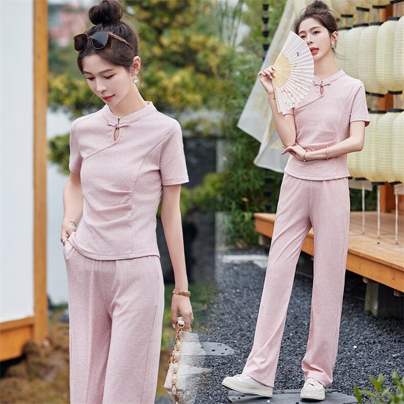 新中式国风套装女2024年夏季新款时尚休闲运动改良旗袍裤子两件套，女装套装/套裙，依路服饰