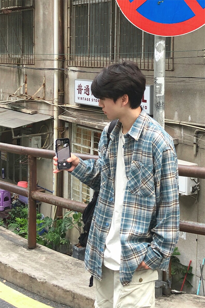 特P35二开无差价长袖百搭春秋格子衬衫-HS2180港风街头,男装衬衫,电商A003