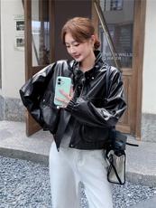 黑色pu皮衣春秋季新款女装正肩小翻领机车显瘦气质短外套韩版时尚，女装短外套，意芙