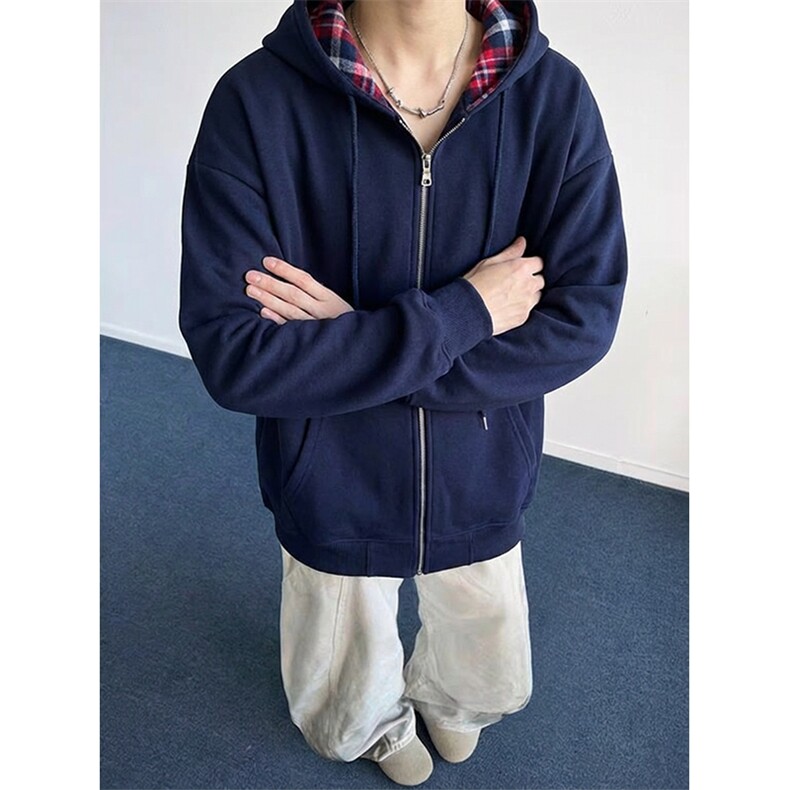 抖音得物品质二开26春装美式假两件格子连帽卫衣开衫外套CM35,女装短外套,电商A486