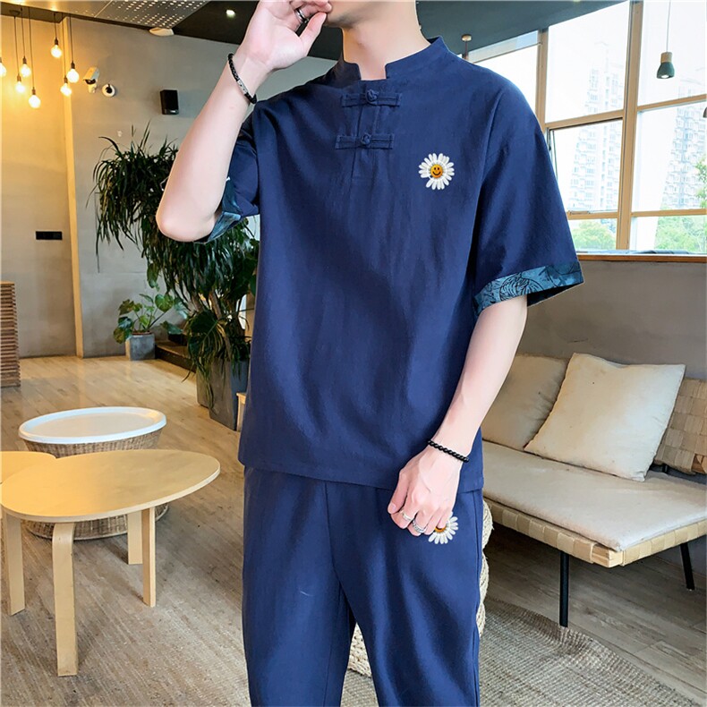 2021夏季新款风男装汉服棉麻印花短袖T桖九分裤两件套P70,男装休闲套装,星座217-4
