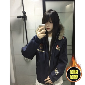 现货高品质美式高街重磅刺绣座山雕大毛毛领棉衣男女加厚棉服外套图片