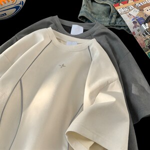 夏季新品 设计感美式高街鹿皮绒反光条情侣短袖上衣男 H935 P35图片