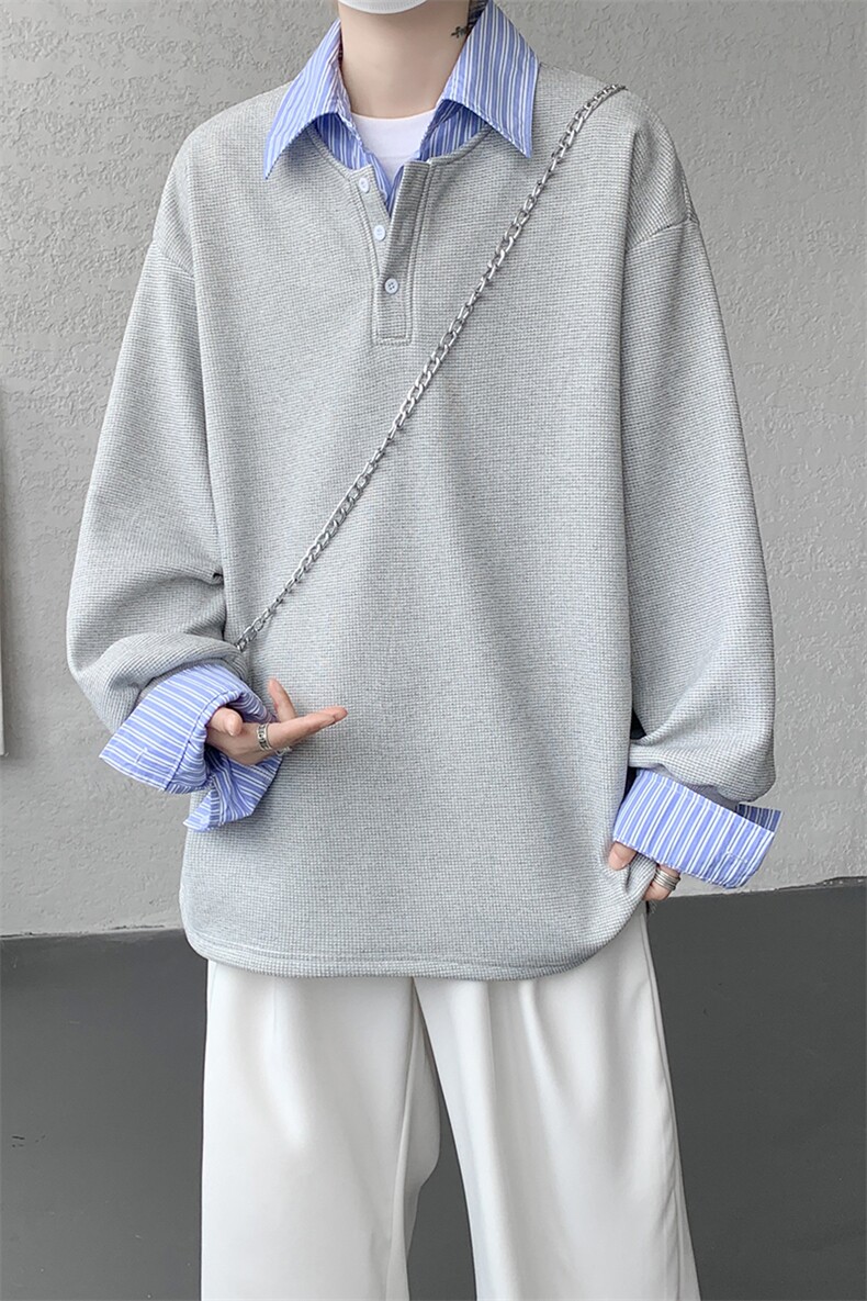 M-8XL假两件撞色polo衬衫翻领卫衣亨利领大码长袖上衣WY5117特P45,男装衬衫,电商B238