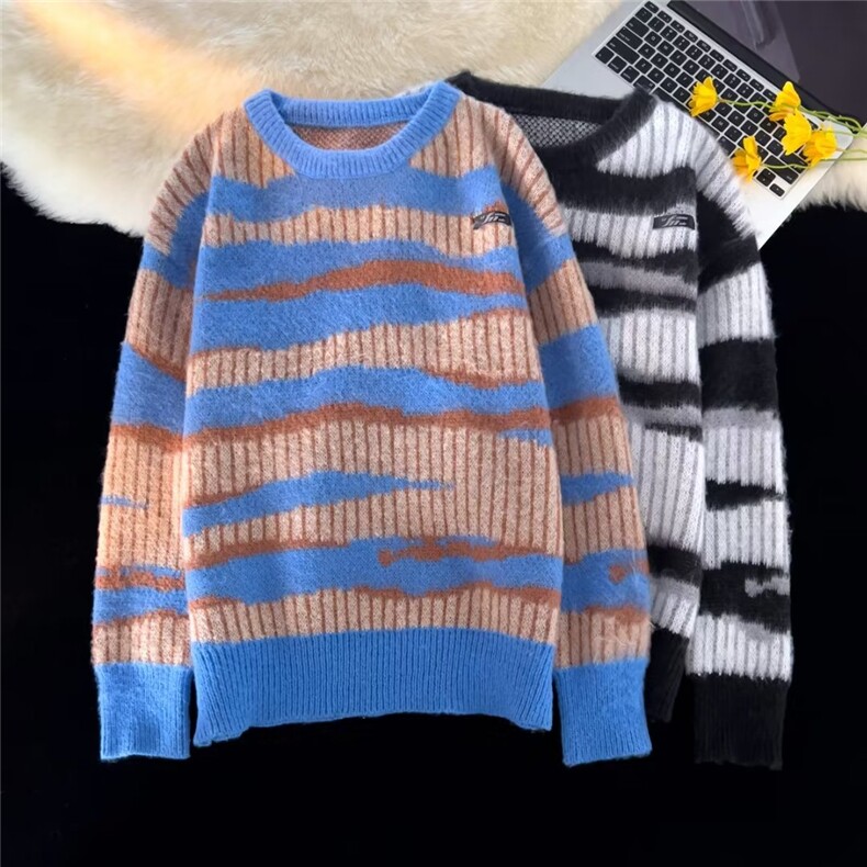 美式复古条纹圆领毛衣男潮牌慵懒风宽松情侣打底针织衫HY6688-P48图片
