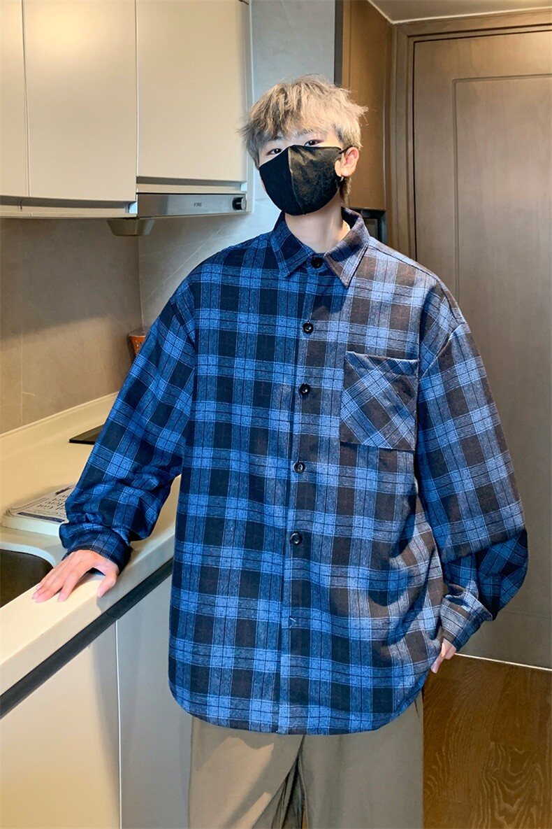 8XL-M格子衬衫男长袖秋季美式复古潮宽松衬衣外套CS516P55控78,男装衬衫,电商D206-1