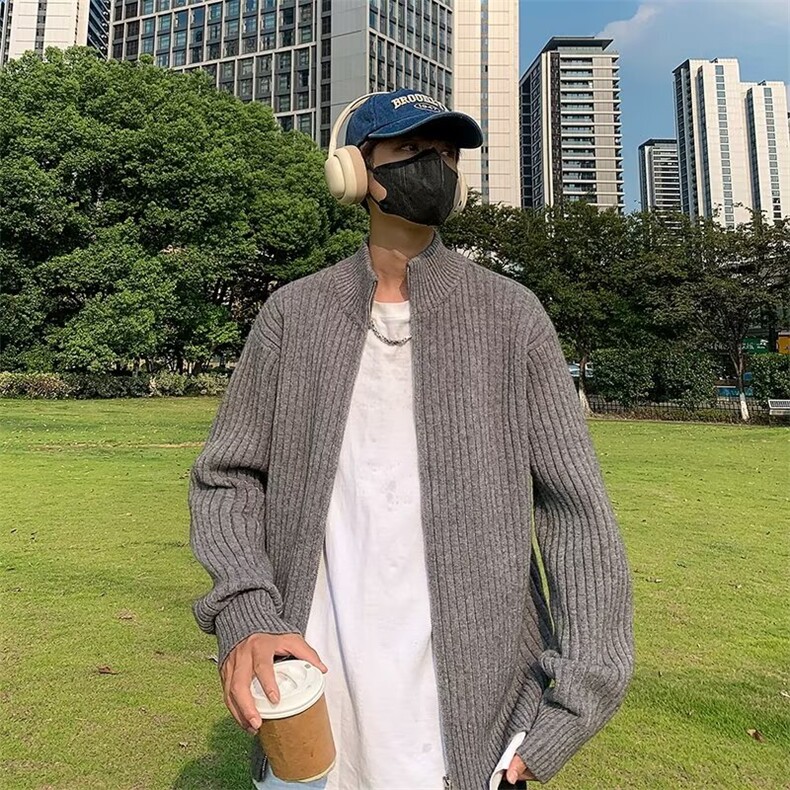 立领双拉链针织开衫男秋冬慵懒风宽松纯色百搭毛衣外套M7351,男装针织衫/毛衣,星座1116A-1（原606A）