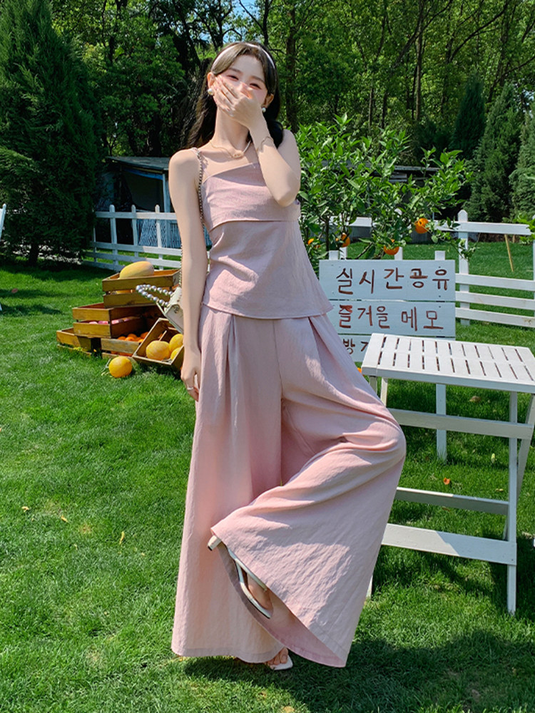 粉色法式简约甜美风吊带上衣套装女2025夏季新款高腰阔腿裤两件套,女装套装/套裙,浙宝220