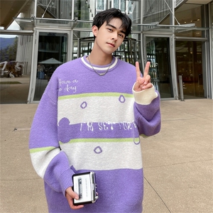 M8161/P65冬季美式时尚撞色条纹圆领?袖毛衣宽松休闲男女bf图片