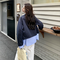 假两件条纹拼接藏青色外套女春秋2025新款小个子上衣流行爆款超火，女装短外套，2C239