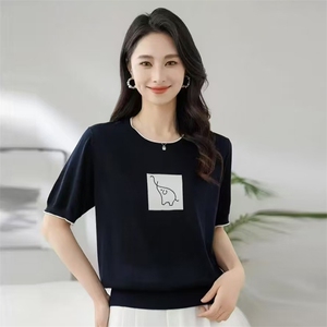 夏季新款简约时尚百搭小象提花天丝短袖图片