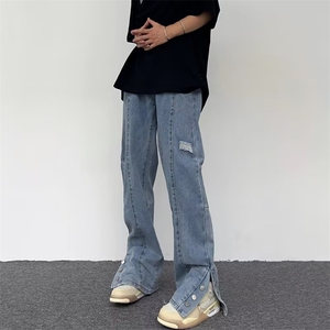 欧美风高街刺绣排扣开叉牛仔裤男女宽松潮嘻哈炸街长裤N0889-P43图片