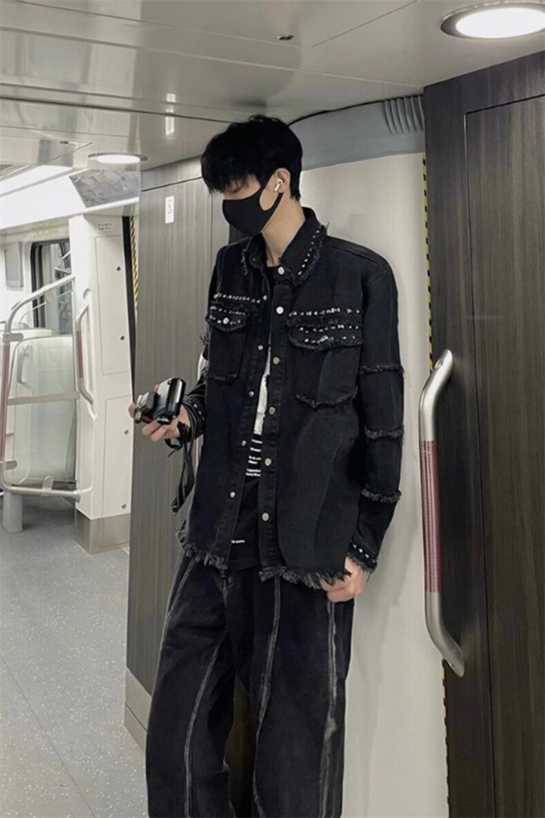 [有货]铆钉毛边牛仔外套痞帅翻领夹克休闲上衣JK205特P58,男装夹克,星座908-1