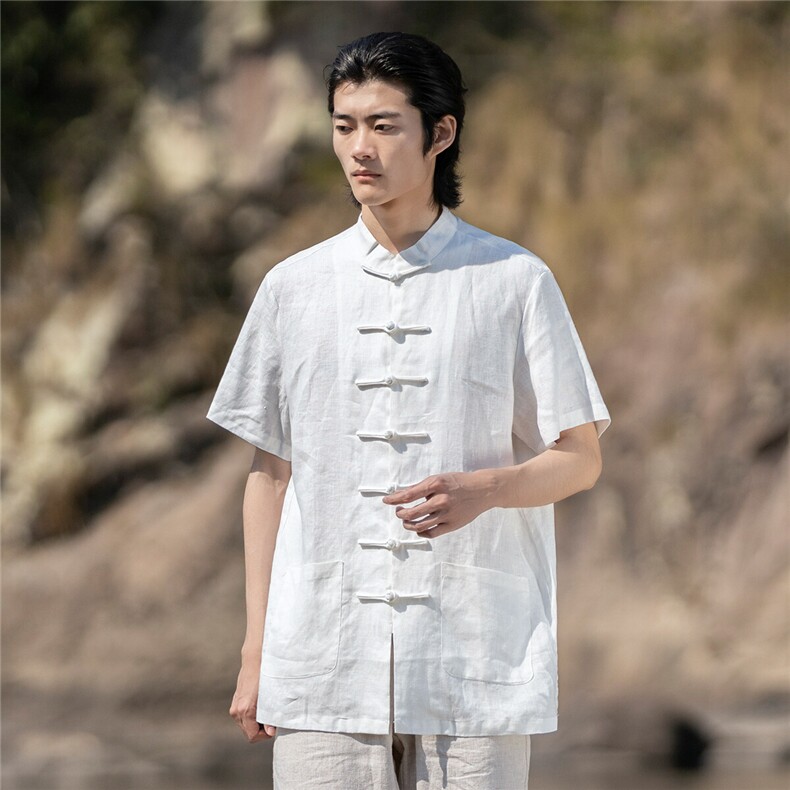 纯亚麻夏季薄款宽松短袖上衣风复古唐装盘扣衬衫男CS06，男装衬衫，星座704A（原B229A）
