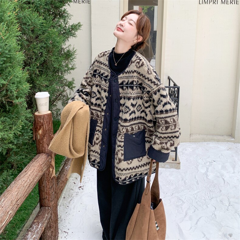 两面穿羊羔毛中长款外套女2025秋冬季新款宽松显瘦加厚慵懒风上衣,女装毛呢外套,2C095