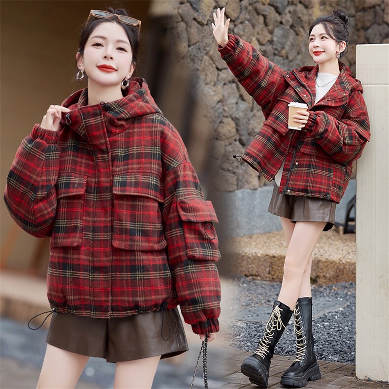 连帽羽绒服女冬季新款2025格子法式气质显瘦设计感时尚减龄外套潮图片