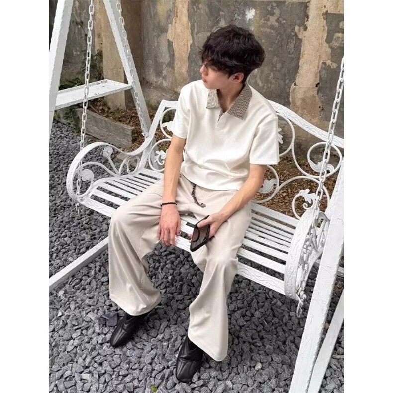 拼接boxy短宽老钱风polo领软糯冰感抗皱空气层短袖t恤ETX62,男装T恤,星座208-5
