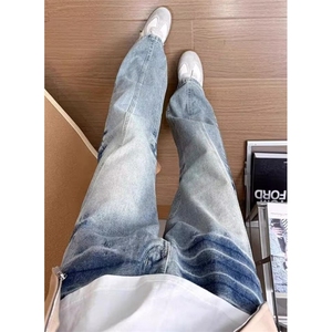 水洗闪电纹牛仔裤男直筒美式vibe风裤子设计感微喇叭裤 NG980图片