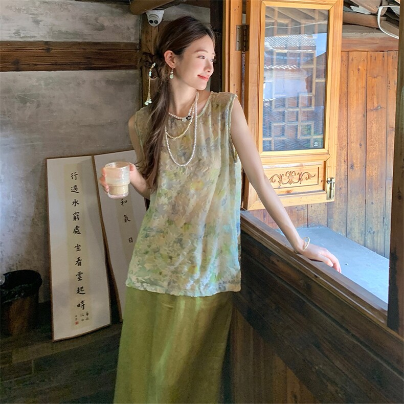 新中式国风碎花套装女2025年夏季新款超好看显瘦上衣半身裙两件套,女装套装/套裙,2D034