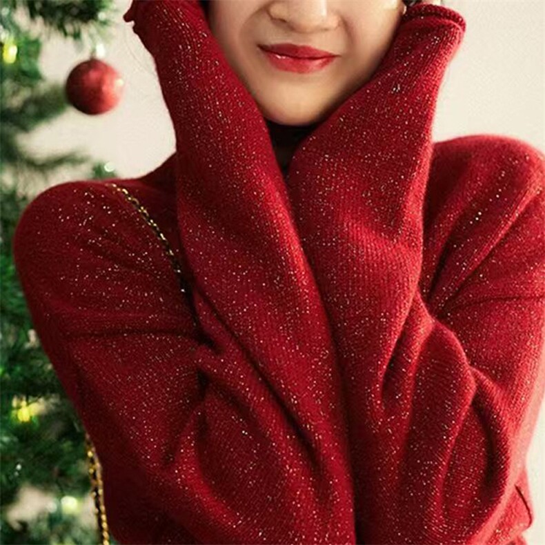 豆子纱七针加厚卷边半高打底针织衫2024年秋季，女装羊毛衫，唯若美羊绒