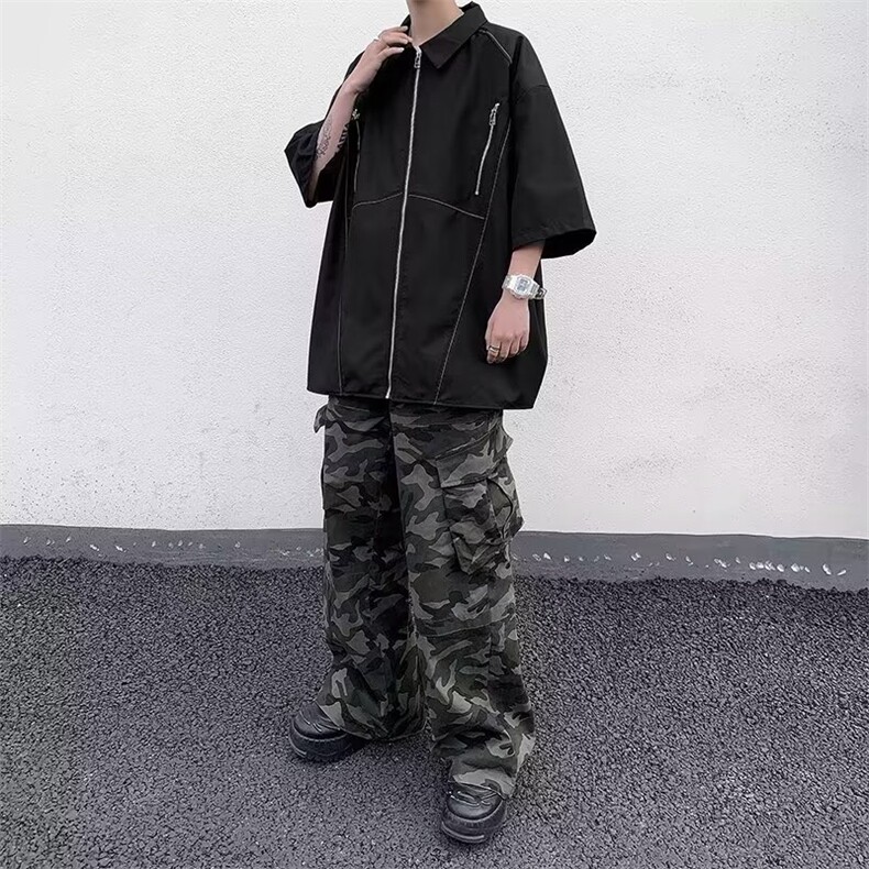 美式设计感短袖衬衫男夏季宽松痞帅拉链工装衬衣上衣潮C2710-p38,男装衬衫,星座1008