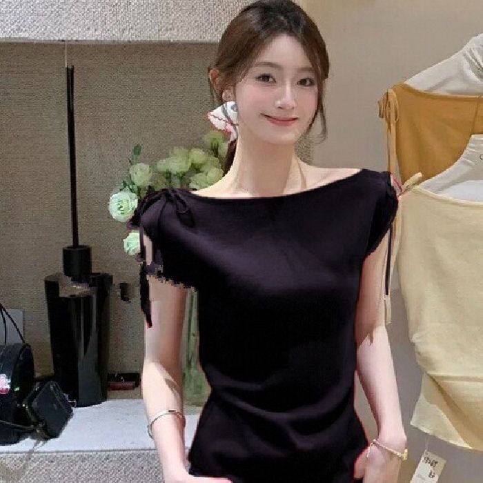 辣妹露肩短袖T恤女新款设计感斜肩系带修身短款上衣,男装针织衫/毛衣,星座1210-1