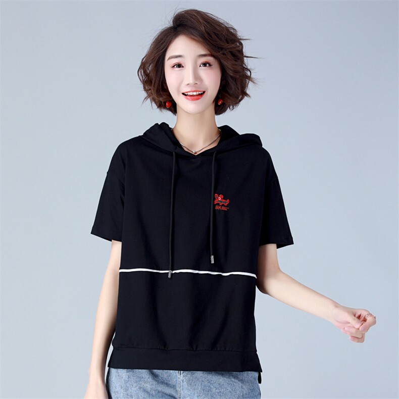板酷2026夏装新款时尚宽松刺绣连帽短袖T恤女纯色刺绣拼接款B318,女装T恤,板酷