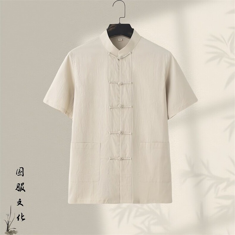 夏季大码盘扣棉麻短袖衬衫新中式风纯色复古微领衬衣GF2501-P55,男装衬衫,星座1105-3