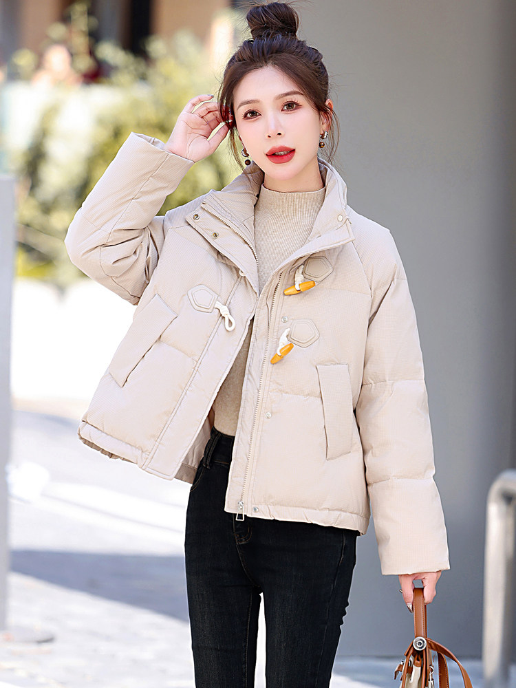 牛角扣羽绒服女短款2025冬新款小个子加厚时尚立领白鸭绒保暖外套,女装羽绒服,沐七七