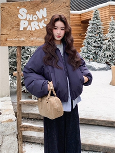 藏青色格子拼接假两件短款羽绒服女冬季2025新款设计感白鸭绒外套图片
