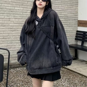 水洗做旧连帽牛仔夹克外套女设计感百搭上衣卫衣女WLJK077-P61