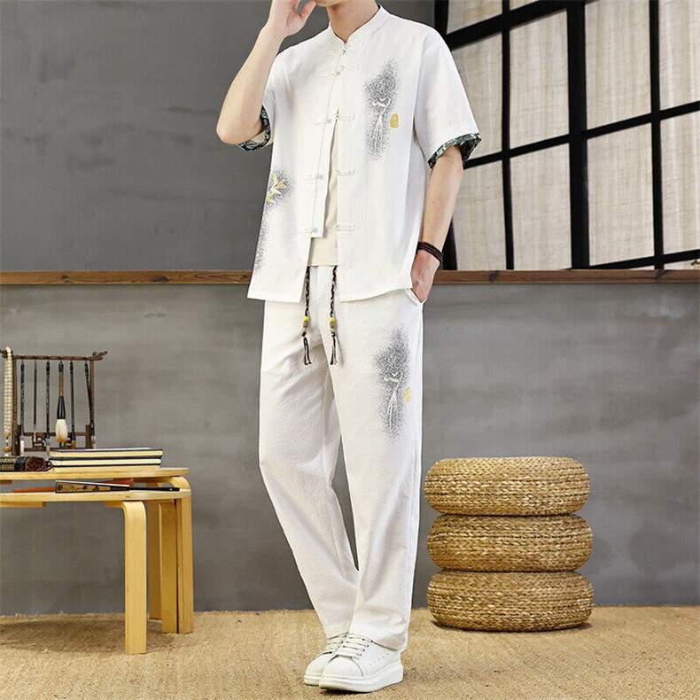 风印花男装夏短袖男复古开衫套装新款民族风一套,男装T恤,星座1206（原A206）