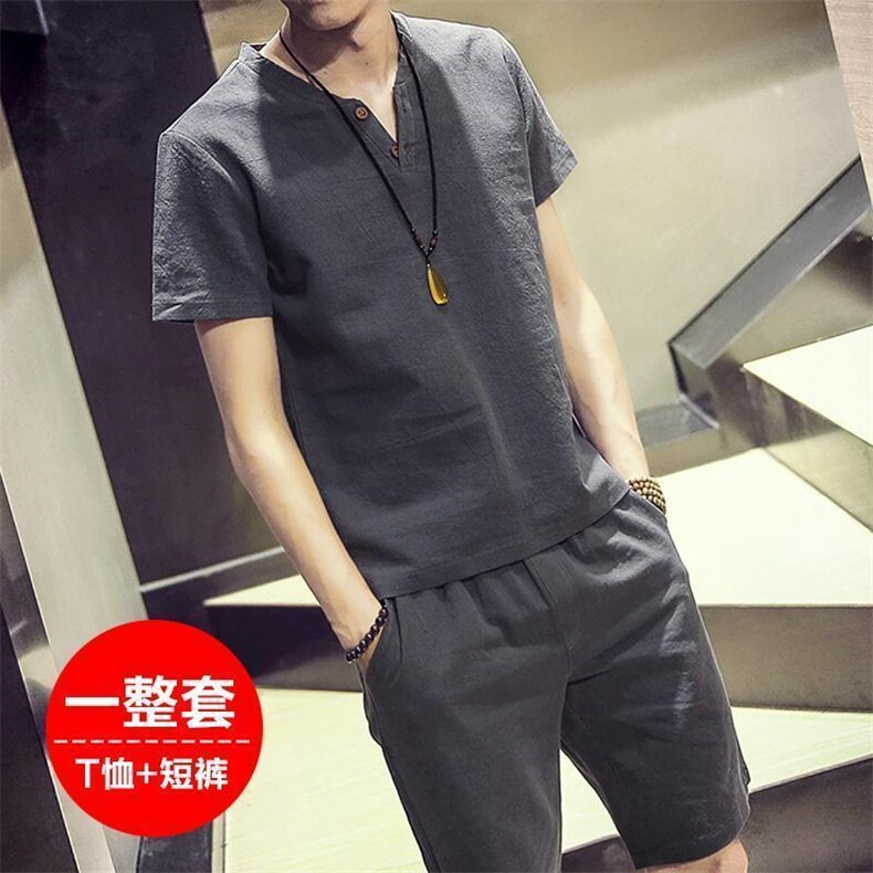 风两件套夏季短袖套装男士宽松亚麻古装汉服衣服禅服唐装p20，男装休闲套装，星座1511