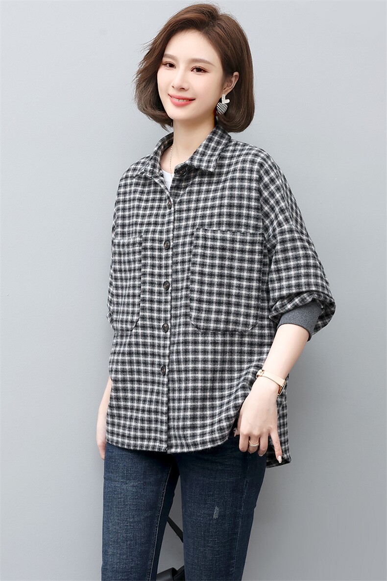格子衬衫女长袖2022秋冬新款加厚磨毛衬衣时尚妈妈打的上衣,女装衬衫,忆绮罗