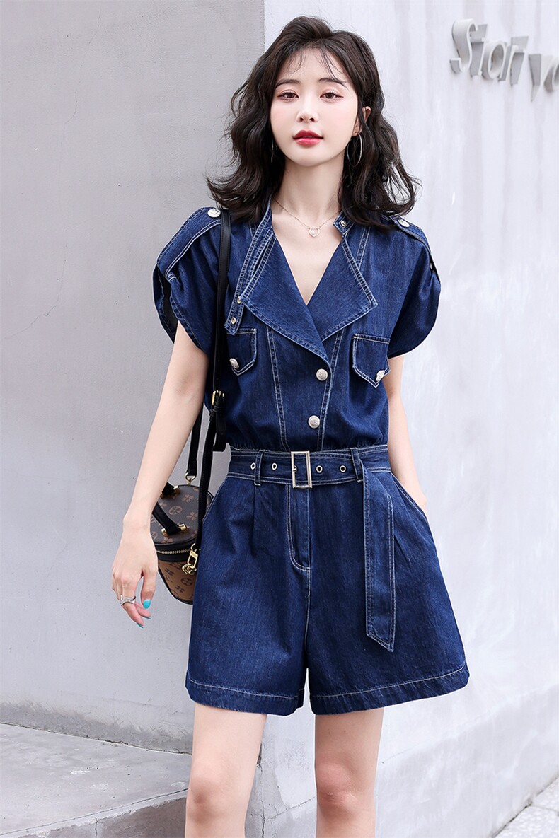 牛仔连体裤女夏季薄款2024年新款设计感小众收腰显瘦阔腿连衣短裤,女装连体裤,E百度