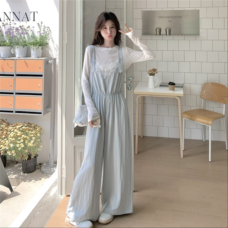 甜美浅蓝色蕾丝拼接背带裤套装女夏2025新款韩系休闲高级感三件套,女装套装/套裙,2C272