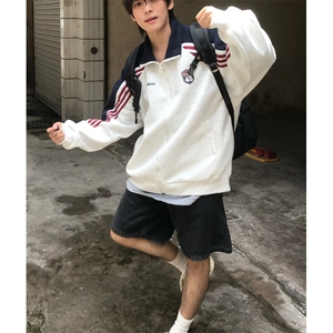 美式条纹撞色立领开衫卫衣男潮牌学院风宽松休闲百搭运动夹克外套图片
