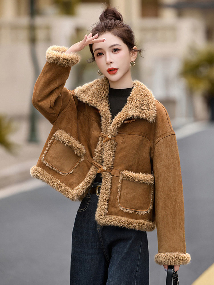 【大货已出】皮毛一体外套女短款冬季小个子羊羔毛仿鹿皮绒加厚,女装羊羔毛/颗粒绒,韩蔻秀