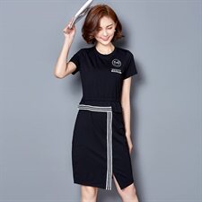 圆领短袖拼接夏季新款松紧腰套头休闲分叉连衣裙，女装连衣裙，安之芮娜