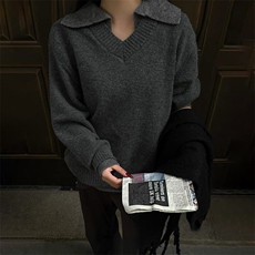 重磅北极绒假两件衬衫领毛衣美式高街复古休闲慵懒纯色翻领针织衫，男装针织衫/毛衣，电商A486