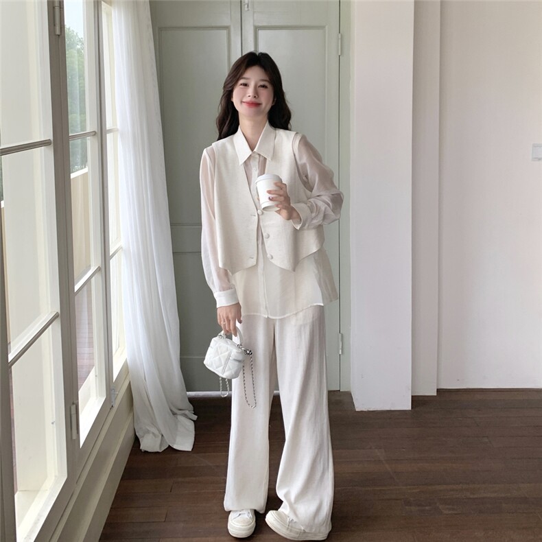 米白色假两件衬衫套装女2025夏季新款法式高级感气质阔腿裤两件套,女装套装/套裙,2C110
