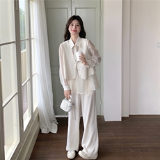 米白色假两件衬衫套装女2025夏季新款法式高级感气质阔腿裤两件套，女装套装/套裙，2C110